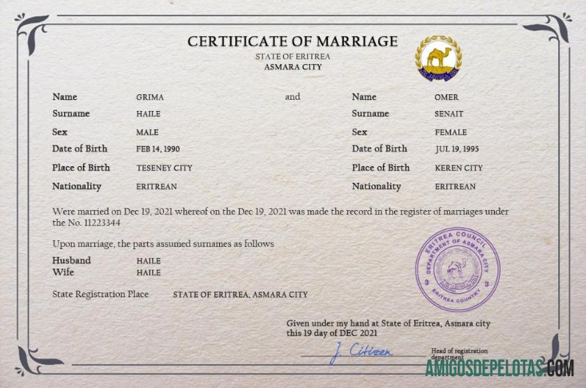 Em branco modelo PSD de certidão de casamento da Eritreia